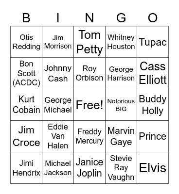 Dead Artists Bingo Card