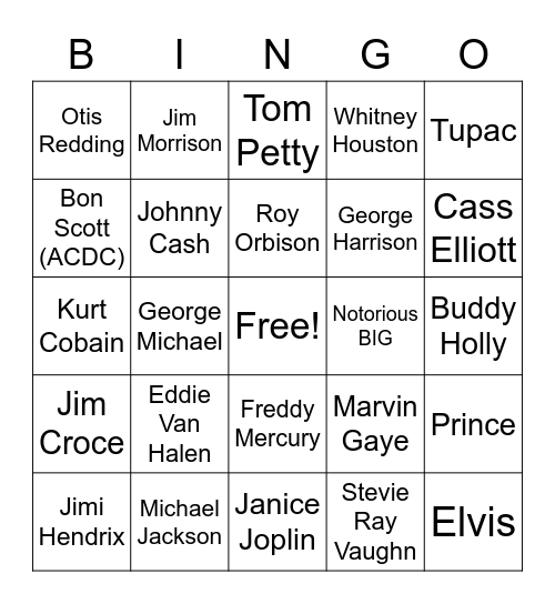 Dead Artists Bingo Card