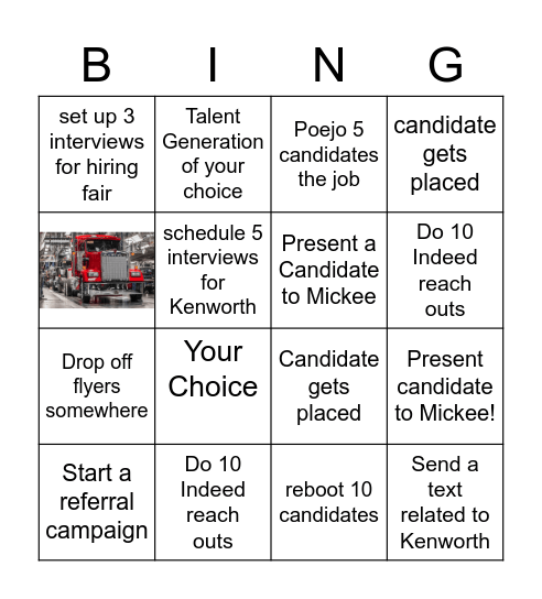 Kenworth BIngo Card