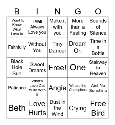 Rock Ballads Bingo Card
