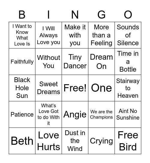 Rock Ballads Bingo Card