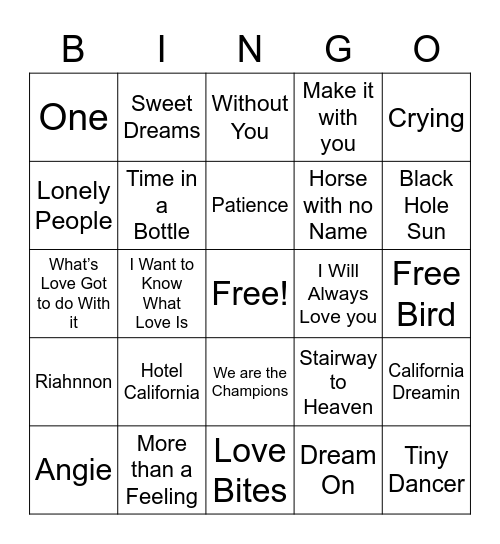 Rock Ballads Bingo Card