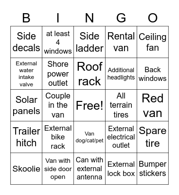 #Vanlife Bingo Card