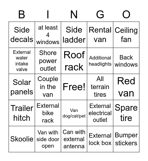 #Vanlife Bingo Card