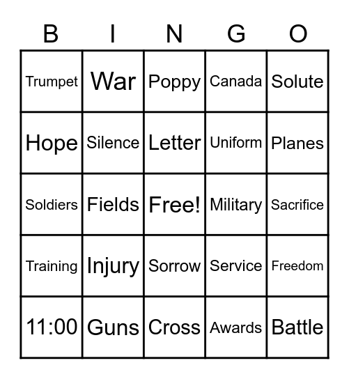 Remembrance Day Bingo Card