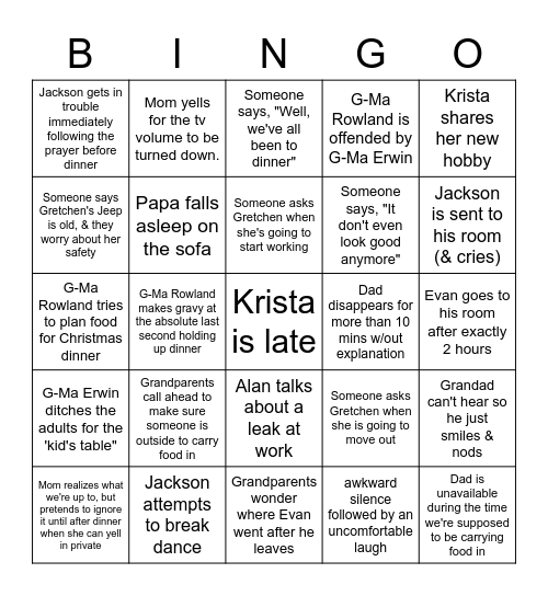 Erwin Thanksgiving 2022 Bingo Card