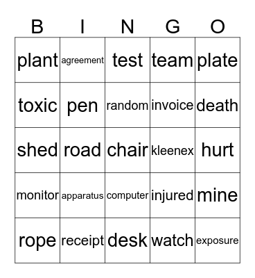 Safety Bingo Card