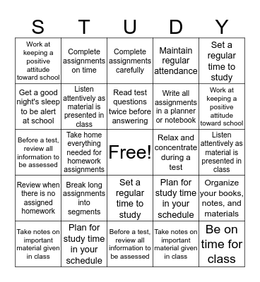 STUDY SKILLS BINGO Card
