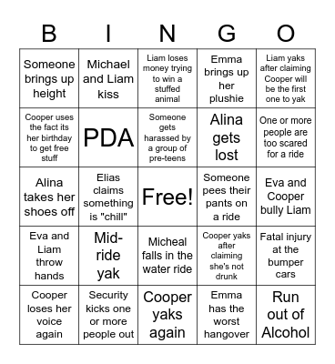 Cooper's Six Flags Birthday Bonanza Bingo Card