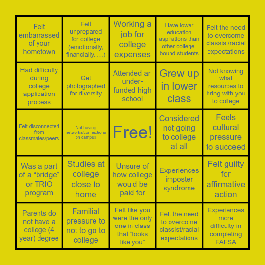 First Gen Experience Bingo Card