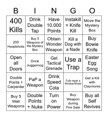 Cod Zombies Bingo Card