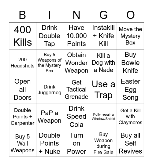 Cod Zombies Bingo Card