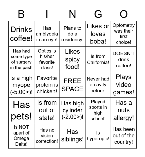 SCCO '26 Class Bingo (11/12/2022) Bingo Card