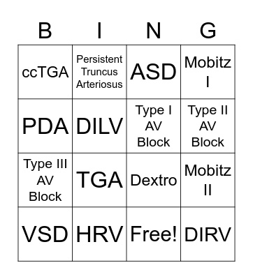 Congential Heart Bingo Card