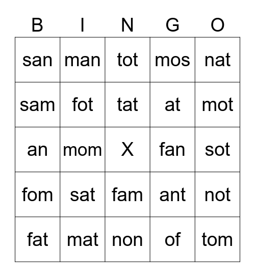 CVC words Bingo Card
