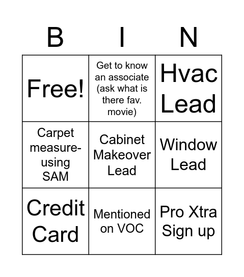 Leads/Measures/Credit/VOC Bingo Card