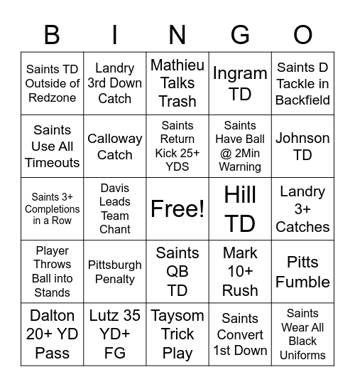 Saints V Steelers Bingo Card