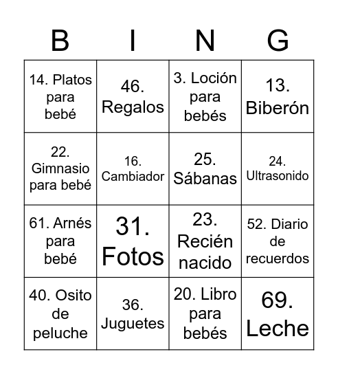 Baby Reveal Bingo Card