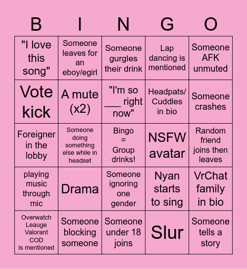 Bezzy's Drinking Night Bingo Card