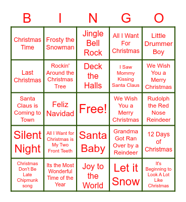 Christmas Song Bingo Card