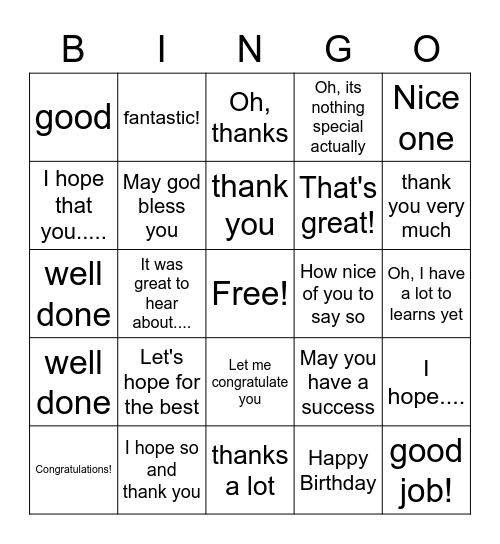 Congratulations and Hopes Bingo Card