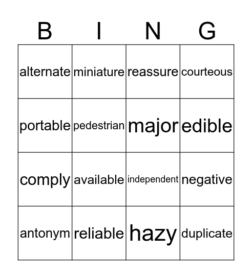 Vocabulary Words Bingo Card