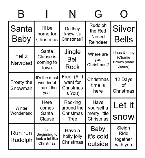 Christmas Songs on the Radio Bingo Card