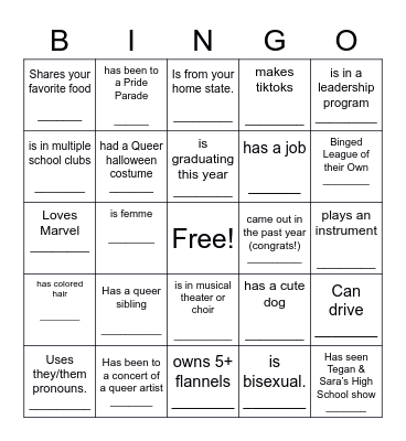 ~~~~~~~Queer Field Day ~~~~~~~ Find someone who.... Bingo Card