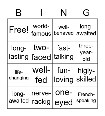 Compound adjectives Bingo Card