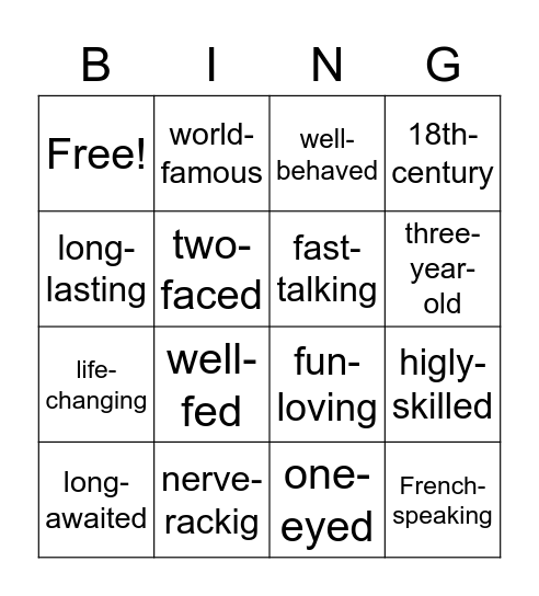 Compound adjectives Bingo Card