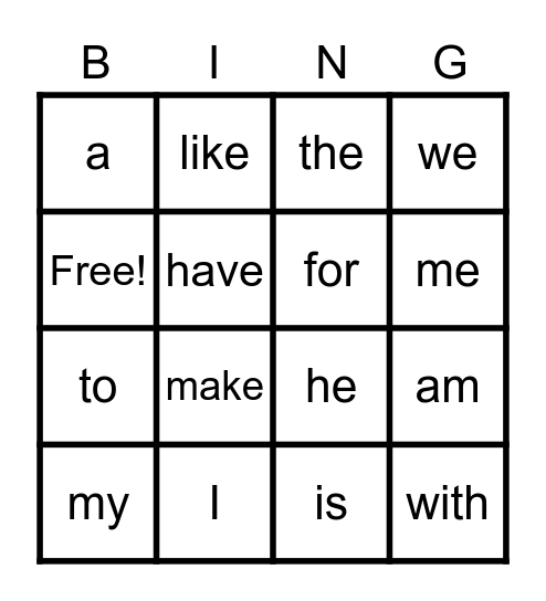 Kindergarten Unit 1 Vocabulary Words Bingo Card