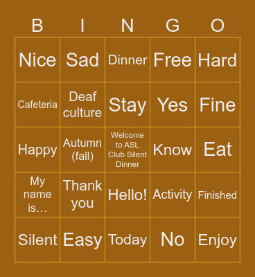 ASL Club Silent Dinner Bingo! Bingo Card