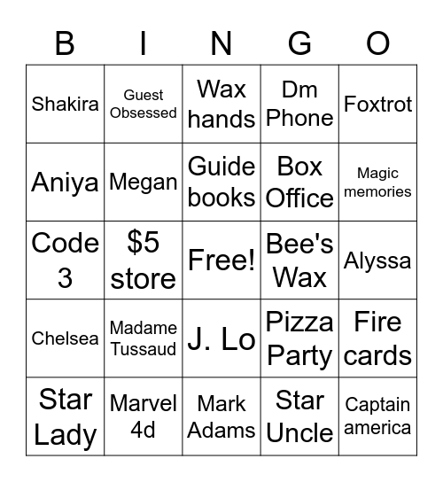 Madame Tussauds Bingo Card