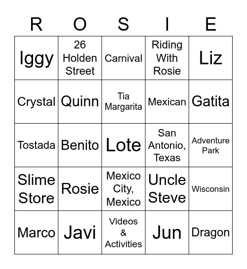 Rosie's Rules Bingo Card
