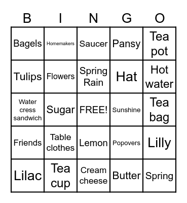 Kelly's Tea Party Bingo Card