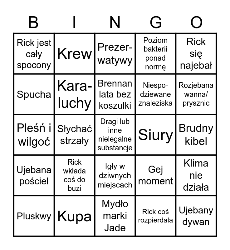 Another Dirty Room Bingo Card