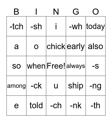 ending sound BINGO Card