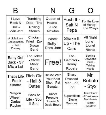 Big Joe's Musical Bingo Card
