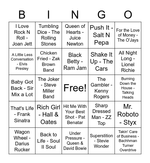 Big Joe's Musical Bingo Card