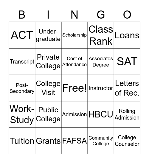 College Going Bingo Card