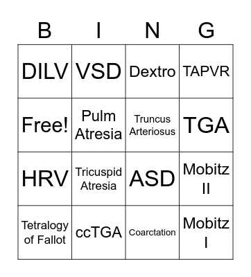 Congenital Heart Bingo Card