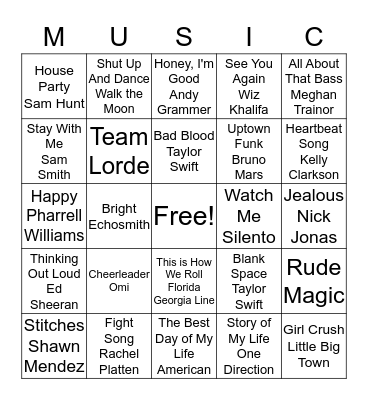 Pop Music Bingo Card