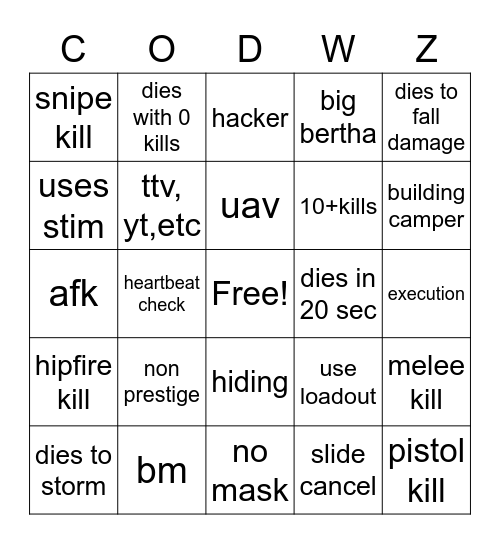 Warzone bingo Card