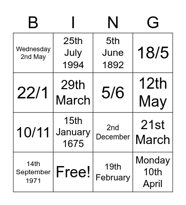 THE DATES Bingo Card