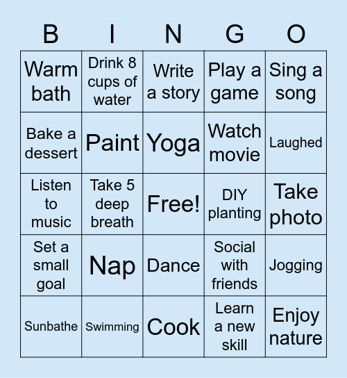 Mental Health Bingo Card