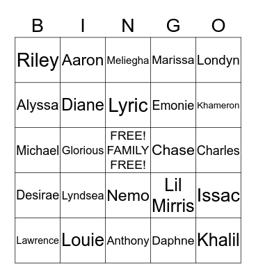 Family Bingo Bingo Card