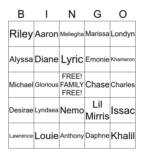 Family Bingo Bingo Card