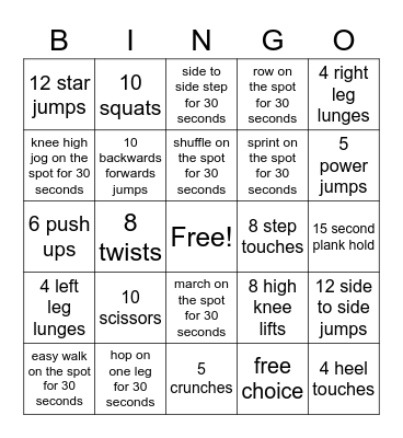 Fitness Bingo Card