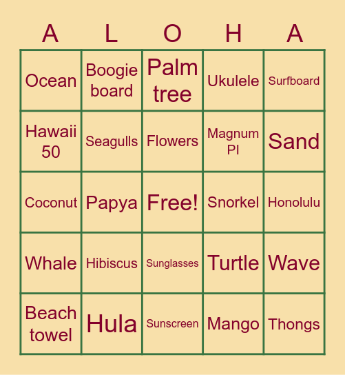 ALOHA Bingo Card ALOHA Bingo Card