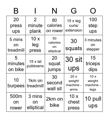 Fitness Bingo Card